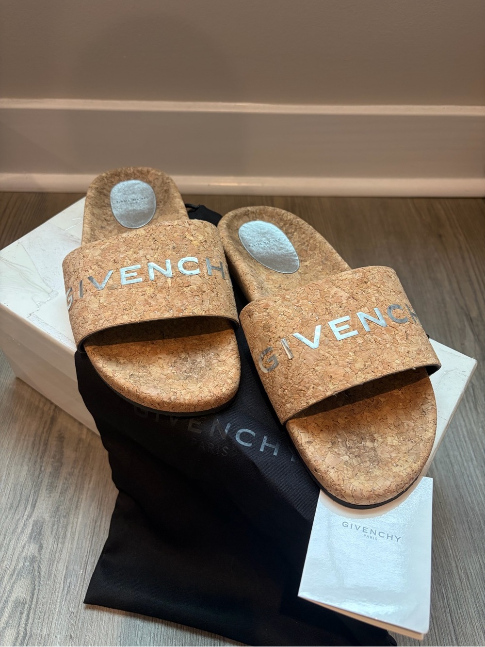 Givenchy Cork Slide Sandals with Silver Logo